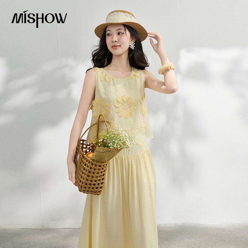 Midi Skirt Floral - MISHOW Conjunto de Blusa con Bordado