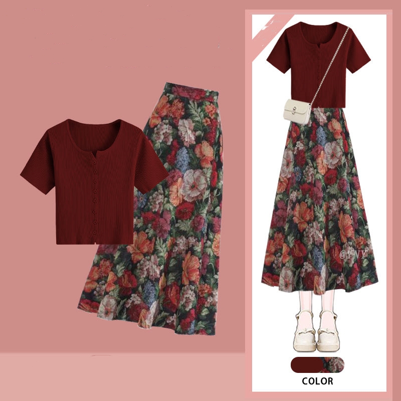 Camisetas de color rojo vino d - Midi Skirt Floral reseña y precio